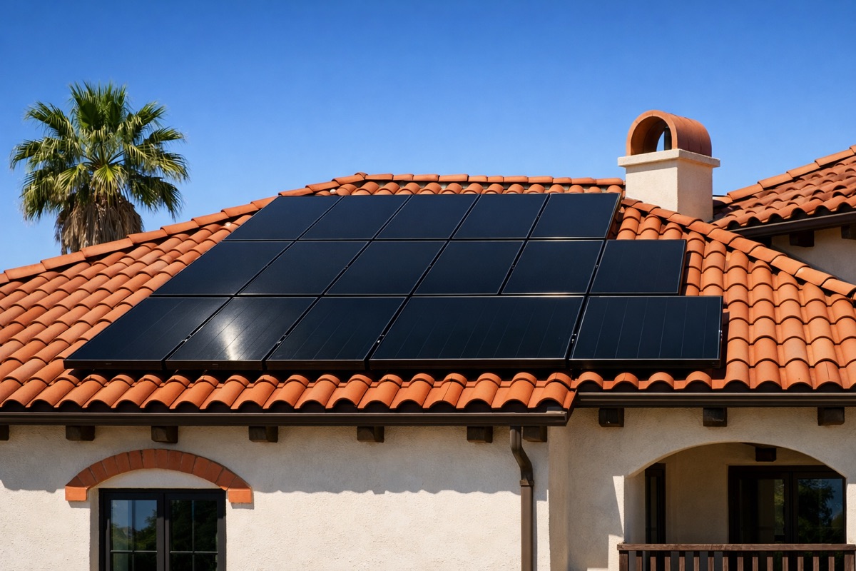 Black solar panels on a Spanish tile roof in San Diego