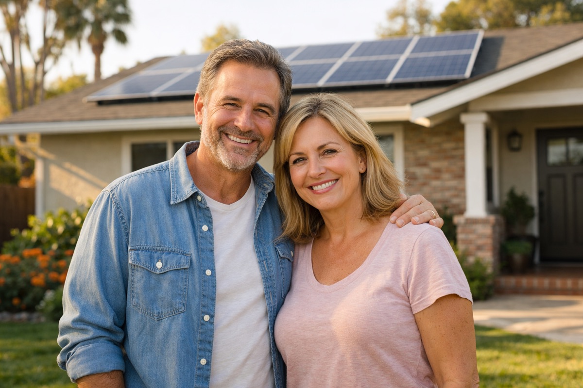 San Diego homeowners in front of their solar-equipped home
