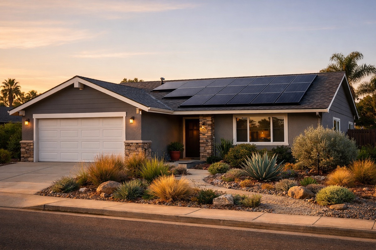 San Diego house with rooftop solar panel array