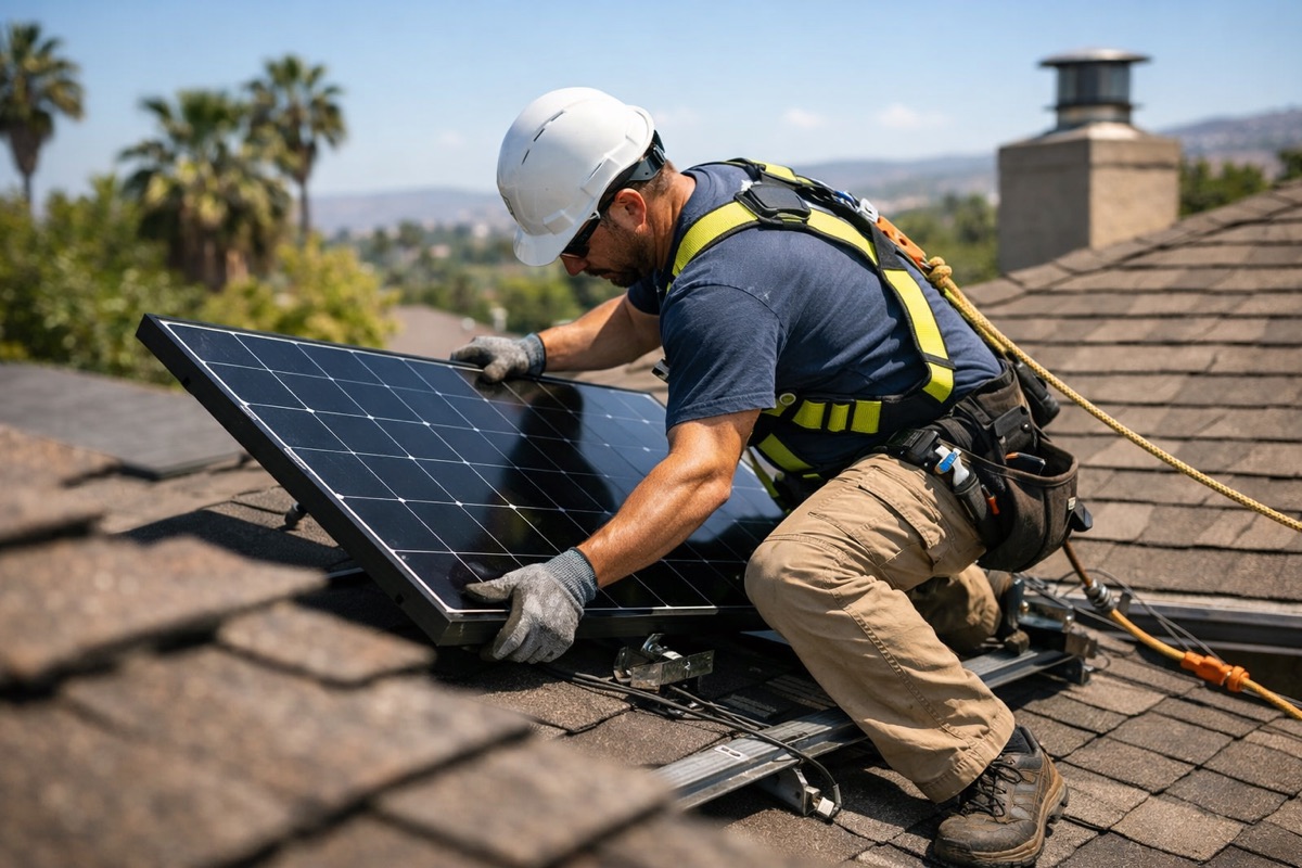 Solar installer mounting panels on a residential roof